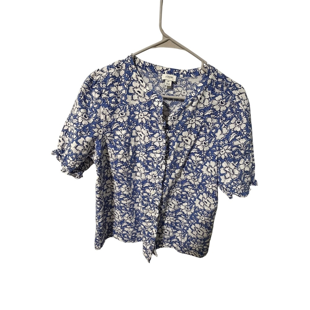 J.Crew Size Medium Blue White Floral Linen Cotton Puff Sleeve Button Up Blouse